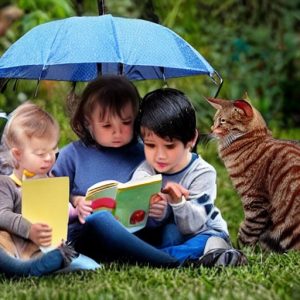 KI generiertes Bild: Kinder lesen Katzen ein Buch vor.